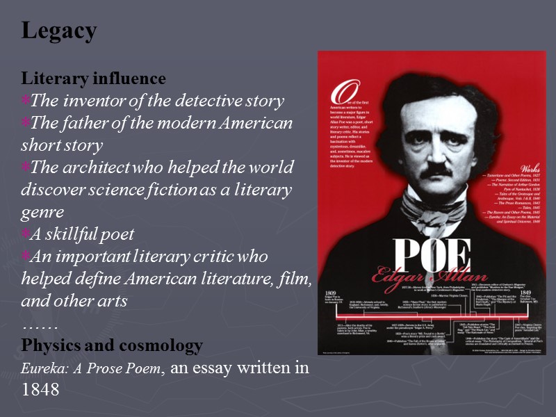 Legacy  Literary influence The inventor of the detective story The father of the